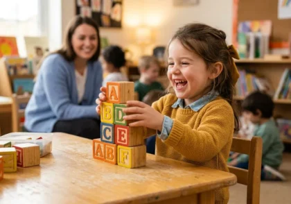 kid ADHD learning the second language by playing with the letters in the alphabet next to the coach