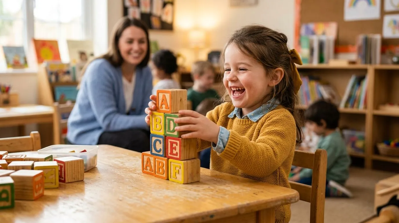 kid ADHD learning the second language by playing with the letters in the alphabet next to the coach